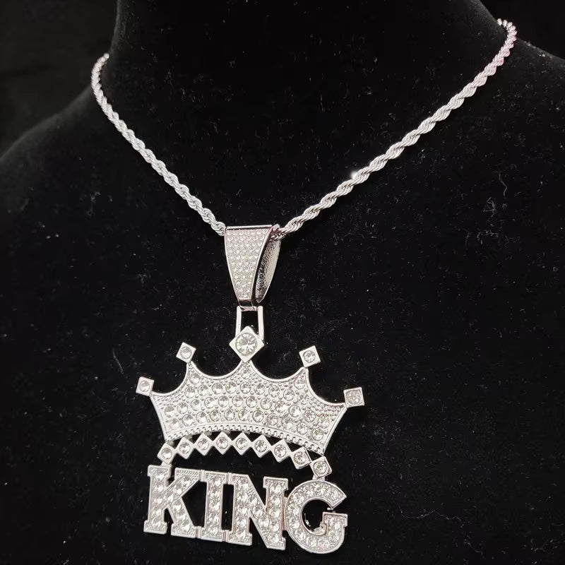 Men Hip Hop Crown with King Pendant Necklace with 13Mm Crystal Cuban Chain Hiphop Iced Out Bling Necklaces Fashion Charm Jewelry